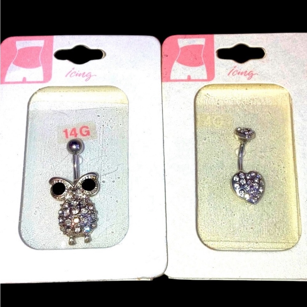 🆕 14G Belly Rings Heart and Owl Rhinestone Bling NWT